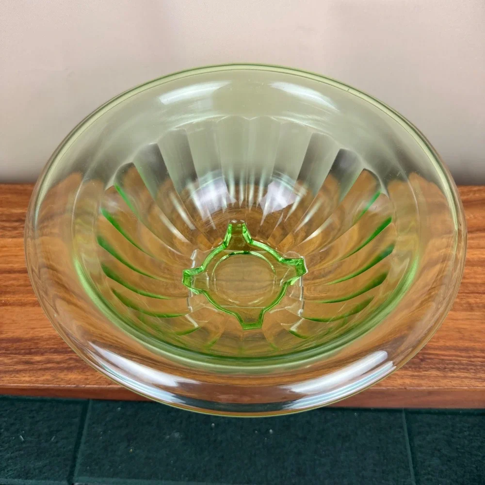Hazel Atlas Green Uranium Glass Ribbed Footed Mixing Bowl Vtg Depression 9.5